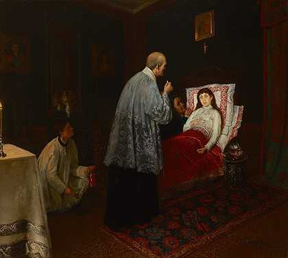 女病人的圣餐`Communion of a Sick Woman (1888) by Wincenty Trojanowski