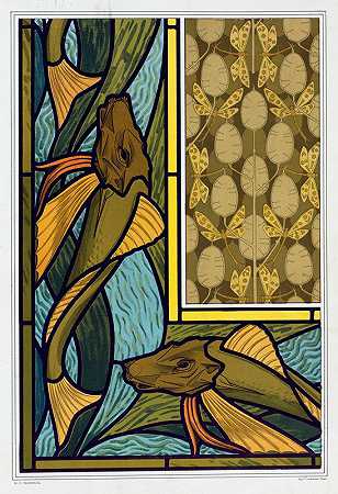 红色，彩色玻璃。蜻蜓和教皇的硬币，布。`Rougets, vitrail. Libellules et monnaie du pape, étoffe. (1897) by Maurice Pillard Verneuil