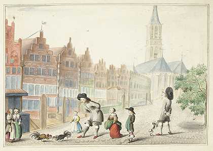 Zwolle Sassenstraat斗鸡场`Hanengevecht in de Sassenstraat in Zwolle (1655) by Gesina ter Borch