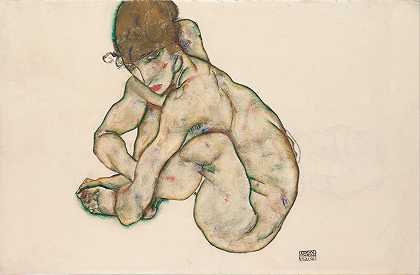 蹲着的裸女`Crouching Nude Girl (1914) by Egon Schiele