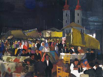 乡村集市上的人物`Figures In a Village Market by Vilmos Aba-Novák
