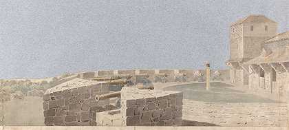 学习舞台布景有大炮和建筑物的堡垒`Study for a Stage Set; a Fortress with Cannon and Buildings by Michael Angelo Rooker