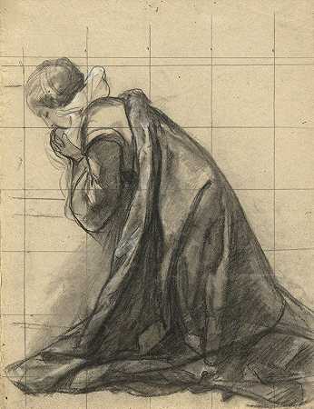 女人在五月花号的船舱里祈祷，为签署契约画草图`Woman praying, sketch for Signing of the Compact in the Cabin of the Mayflower by Edwin White