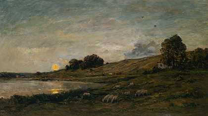 河边的羊群`Troupeau de moutons au bord de la rivière (1875) by Charles François Daubigny