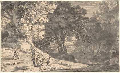 有旅行者的森林景观`A Wooded Landscape with Travellers by the Roadside, a Stream beyond (17th century) by the Roadside, a Stream beyond by Herman van Swanevelt