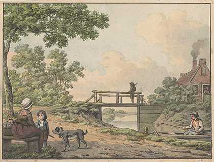 有人物和农舍附近的一座桥的景观`Landschap met figuren en een bruggetje bij een boerenwoning (1756 ~ 1813) by Anthony Andriessen