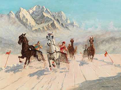 一场以祖格斯皮茨人为背景的埃布西小跑比赛`A Trotting Race on the Eibsee with the Zugspitze in the Background by Franz Hienl-Merre