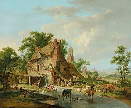 有农场动物和农民的水车，远处的风景`A watermill with farmyard animals and peasants, a landscape beyond by Hendrik Meijer