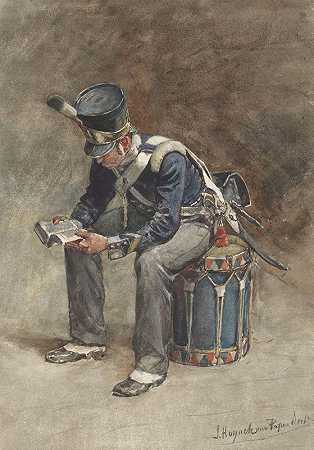 坐着读步兵手鼓`Zittende lezende tamboer van de infanterie (1868 ~ 1933) by Jan Hoynck van Papendrecht