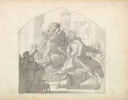 一个人和一只猴子骑马`A Man and a Monkey Riding on Horseback (ca. 1849) by Frederic Leighton
