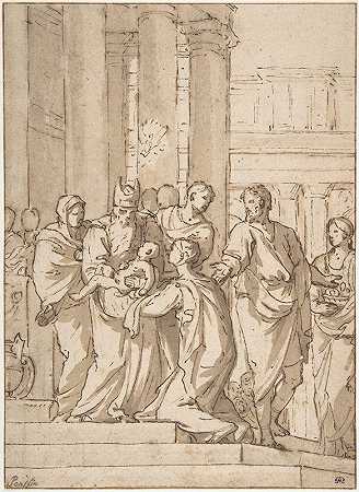 在圣殿里展示婴儿耶稣`Presentation of the Infant Jesus in the Temple (ca. 1643) by Charles Mellin
