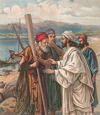 耶稣呼唤渔夫`Jesus calling fishermen (1905) by Providence Lith. Co