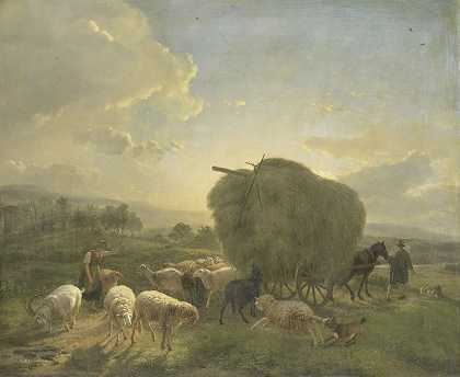 有羊和干草车的风景`Landscape with Sheep and a Hay Wagon (1822 ~ 1824) by Balthasar Paul Ommeganck