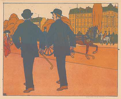 两个戴着圆顶帽走路的男人`Twee wandelende mannen met bolhoed (1894 ~ 1949) by Bernard Boutet de Monvel