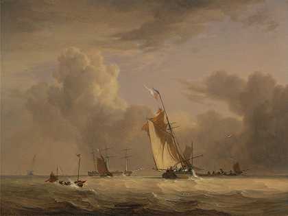 在强风中捕鱼和其他船只`Fishing Smack and Other Vessels in a Strong Breeze by Joseph Stannard