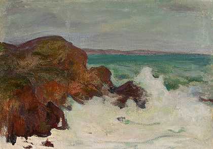 岩石海湾中的波浪`Waves in a rocky bay (circa 1903) by Władysław Ślewiński