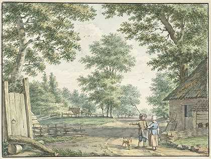 两个人在农舍里的风景`Landschap met twee personen bij een boerenwoning (1750 ~ 1818) by Izaak Schmidt