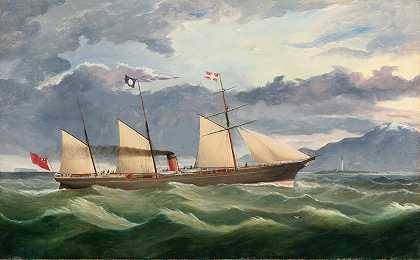 一艘商船驶向海岸，可能是新西兰的查尔默斯港`A Merchant Navy Steamer Approaching The Coast, Potentially Port Chalmers, New Zealand (1866) by Thomas Robertson