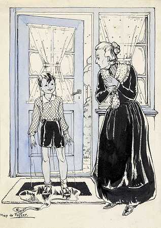 门垫上的湿男孩`Doorweekte jongen op een deurmat (1928) by Miep de Feijter