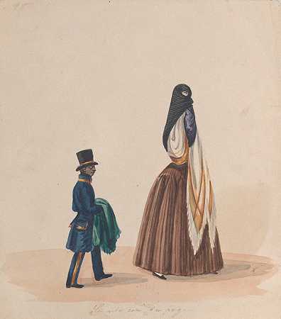 穿着优雅的女人和她的书页`An elegantly dressed woman and her page (ca. 1848) by Francisco Fierro