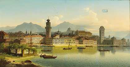加尔达湖上的里瓦景观`View of Riva on Lake Garda by Johann Wilhelm Jankowski