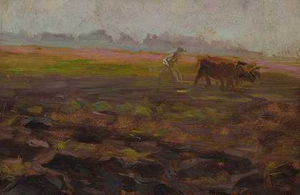 耕牛`Ploughing oxen (1910) by Władysław Ostrowski