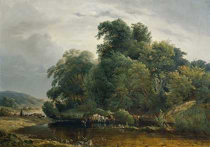 有一群牛群和牧羊女的风景`Landschaft mit Viehherde und Hirtin by Heinrich Peyer