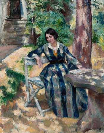 艺术家妻子艾琳娜在花园里的肖像`Portrait of Irena, artist’s wife, in the garden (1917) by Wojciech Weiss
