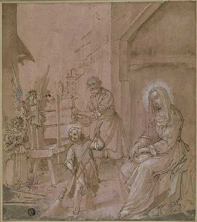 约瑟夫木匠店的神圣家庭`Holy Family in Joseph’s Carpentry Shop by Circle of Jacopo Chimenti