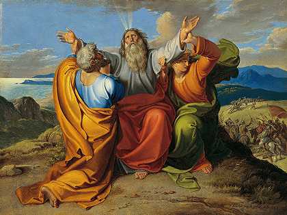 摩西和亚伦、户珥在何烈山上祷告`The praying Moses with Aaron and Hur on the mountain Horeb (1832) by Joseph von Führich