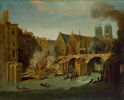小桥，1718年火灾`Le Petit~Pont, après lincendie de 1718 (1718) by Jean-Baptiste Oudry