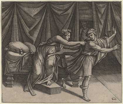 约瑟夫和波提乏妻子`Joseph and Potiphars Wife by Marcantonio Raimondi