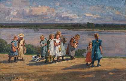 学校放假了`Die Schule ist aus (1916) by Friedrich Kallmorgen