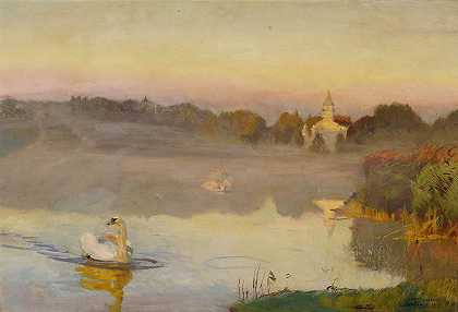 拉齐乔维奇的池塘`Pond in Radziejowice (1898) by Jozef Chelmonski