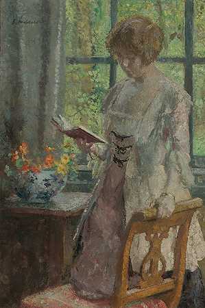 年轻女子阅读`Young Woman Reading (1916) by Gari Melchers