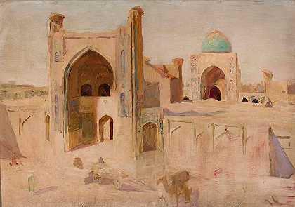 布哈拉的卡兰清真寺。从土耳其斯坦之旅`Kalan Mosque in Bukhara. From the journey to Turkestan (1912) by Jan Ciągliński