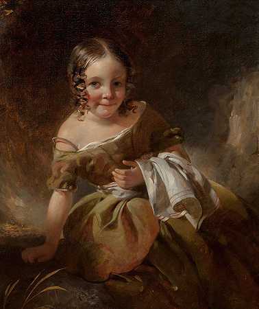 一位留着卷发、身穿橄榄绿连衣裙的年轻女孩的肖像`Portrait of a young girl with curls in an olive green dress by John Watson Gordon