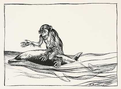 猴子和海豚`The Monkey and the Dolphin (1912) by Arthur Rackham