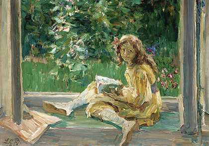 年轻女孩在窗边读书`Young Girl Reading By A Window (1912) by Louise Catherine Breslau