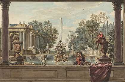 一个意大利式的花园，里面有一只鹦鹉、一只贵宾犬和一个男人`An Italianate Garden with a Parrot,a Poodle,and a Man (1730s) by Isaac de Moucheron