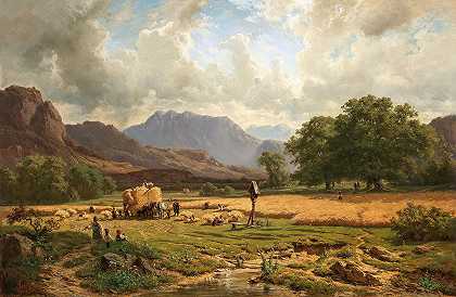 山里的谷物收获`Grain Harvest in the Mountain (1857) by Adolf Heinrich Lier