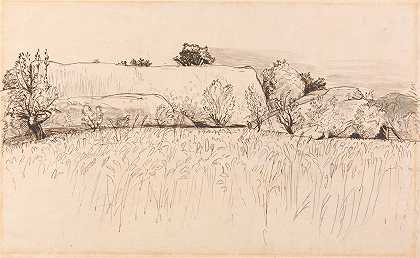 有谷仓的玉米地，肖勒姆`Cornfields with Barn, Shoreham (ca. 1829) by Samuel Palmer
