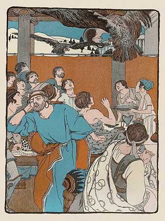 他们从桌上抓起肉，飞到屋顶上尖叫起来`The snatched the meat from off the table, and flew shrieking out above the roofs (1901) by Maud Hunt Squire