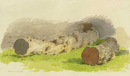 1858年9月13日，奥伯维塞尔一堵墙前的锯材`Abgesägte Baumstämme vor einer Mauer in Oberwesel, September 13, 1858 by Carl Theodor Reiffenstein