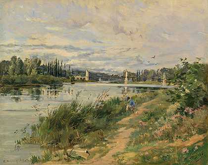 河岸上的渔夫`Fisherman on the Riverbank (1888) by Maurice Levis