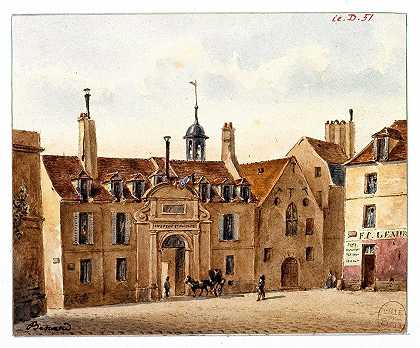 拉塞佩德街的前怜悯医院。`Lancien hôpital de la Pitié, rue Lacépède. (1810~1873) by Auguste-Sébastien Bénard