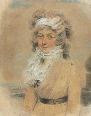 头上戴着白色蝴蝶结的年轻女士`Young Lady with a White Bow on Her Head (1795) by John Downman