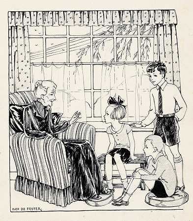 室内有一位老妇人和三个孩子`Interieur met een oude vrouw en drie kinderen (1928) by Miep de Feijter