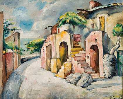 加泰罗尼亚景观（科利乌尔的小街）`Landscape from Catalonia (Small street in Collioure) (circa 1925) by Roman Kramsztyk