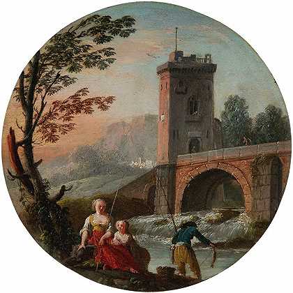 桥下的渔夫和家人`A fisherman and family beneath a bridge by Charles-François Grenier De Lacroix
